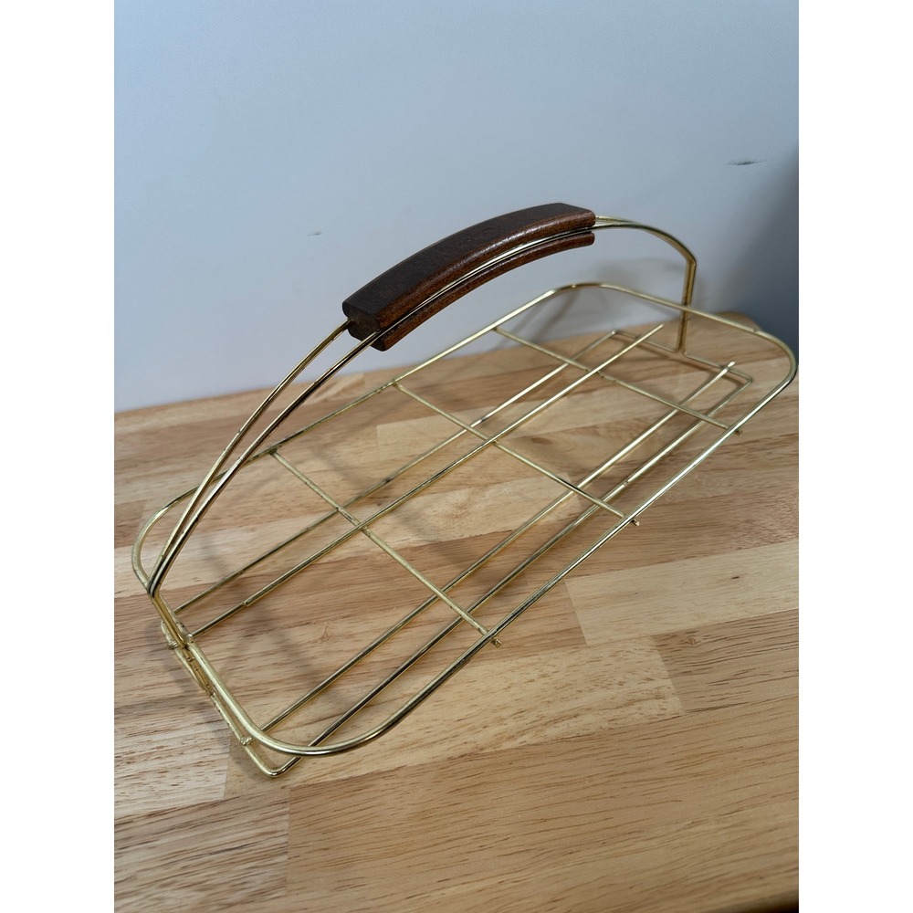 Vintage Cup Carrier Tray Gold Wire Wood Handle Retro MCM Barware